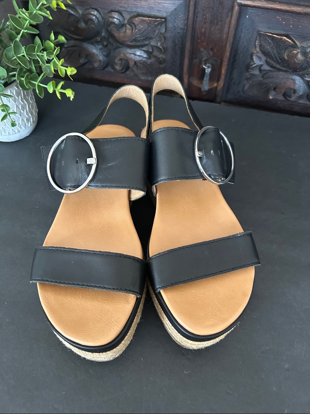 UGG Black Leather Platform Espadrille Sandals with Silver Buckle - Picture 3 of 15